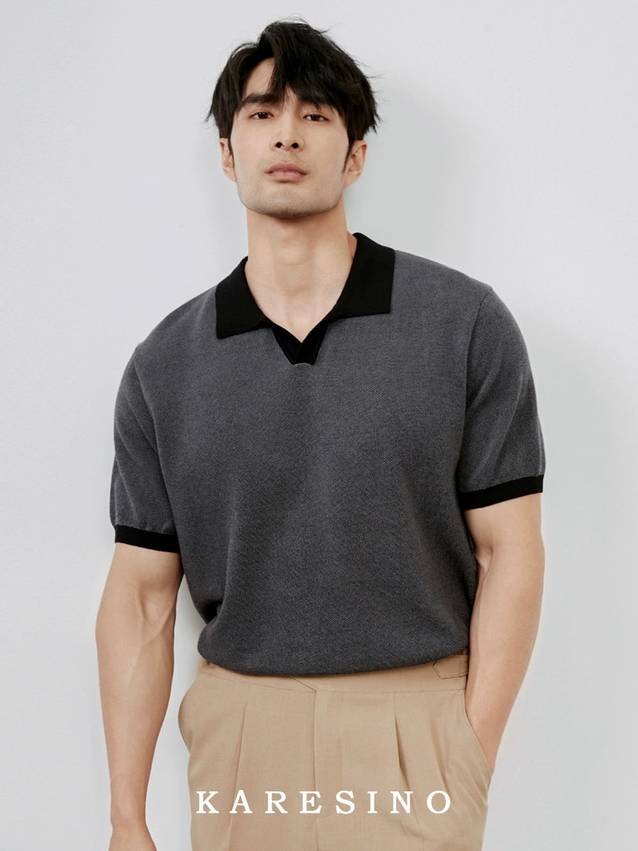 KARESINO Breathable Cotton Lapel-neck Knitted Polo Shirt