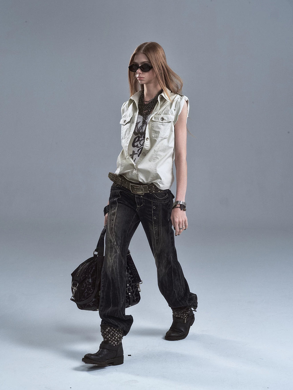 WearAndtear Rivet Metal Button Sleeveless Shirt