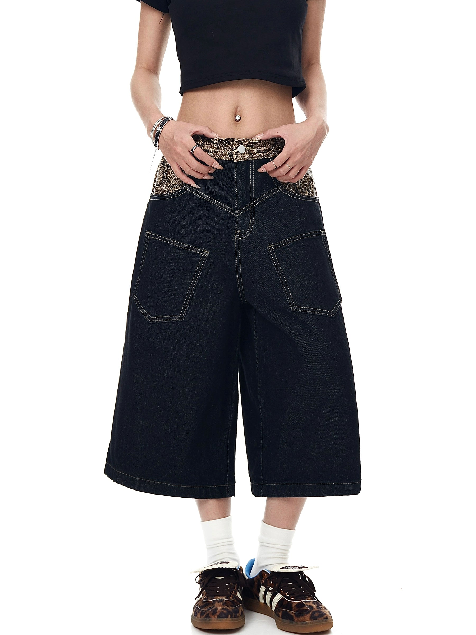 BLACKLISTS Primary Color Stitching Python Denim Shorts