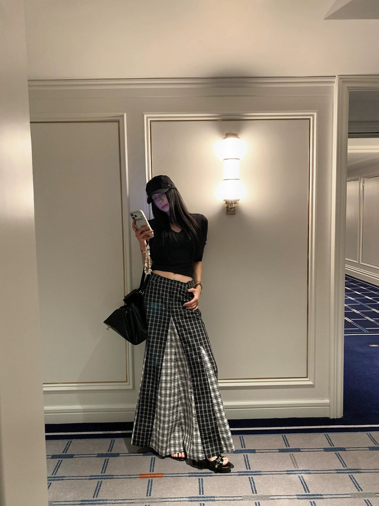 YOUNG KYLIN Retro Plaid Stitching Skirt