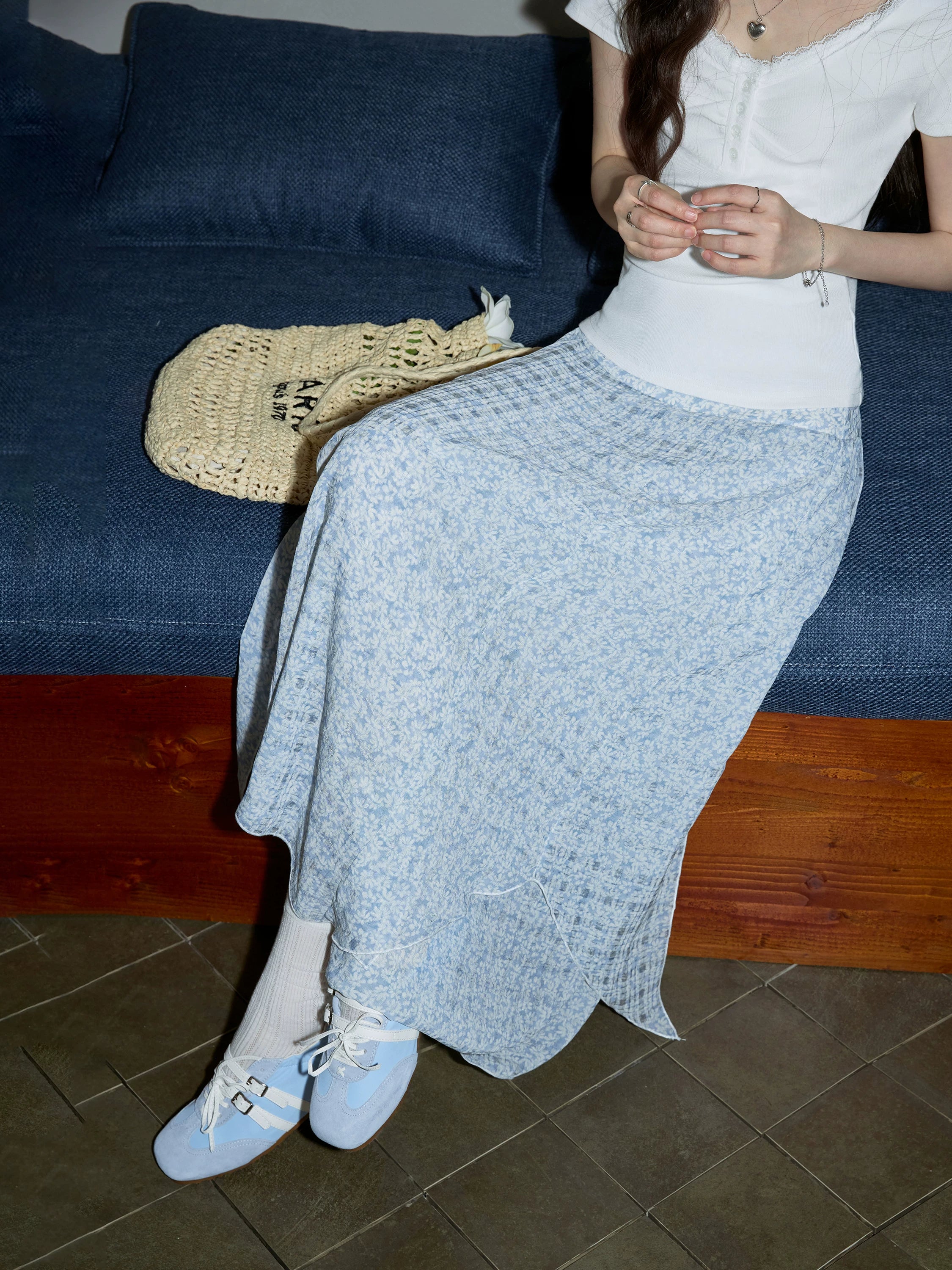XUJING Floral Irregular Drape Thin Skirt