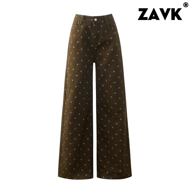 ZAVK Retro Floral Wide-leg Jeans
