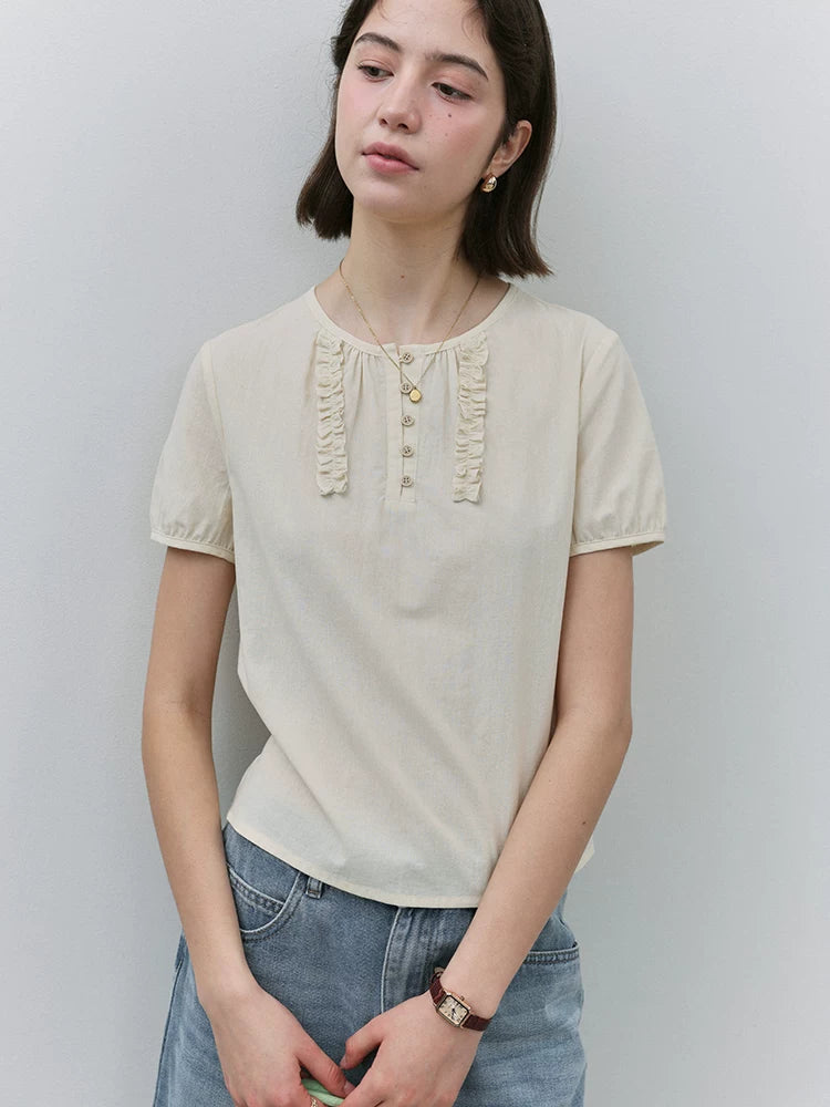 VOOE Fungus Edge Front Shoulder Crew Neck Casual Shirt