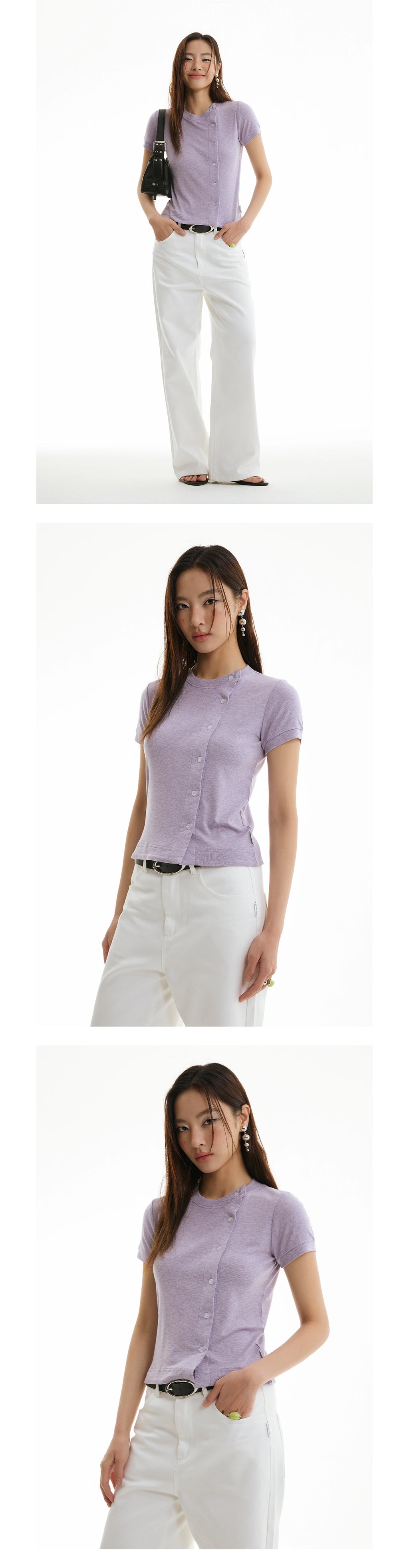 FUNKYFUN Knitted Crew Neck Cardigan Front Shoulder Tee