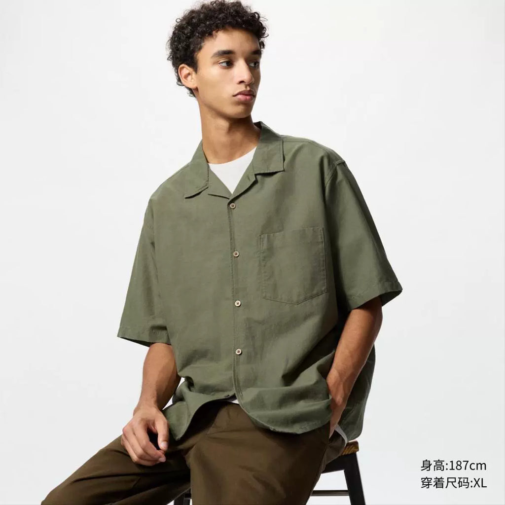 Uniqlo Men's Women's Cotton and Linen Shirt/Short Sleeve Shirt Cardigan Casual Solid Color 25 Spring and Summer New 477181