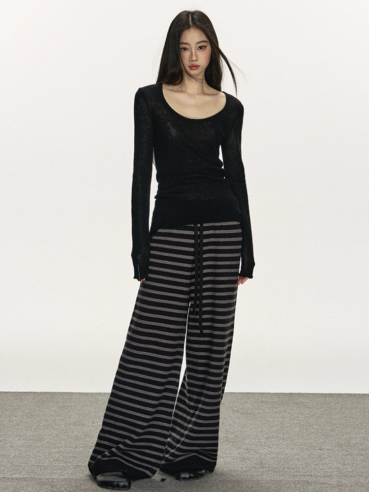 Anna Aneae Striped Versatile Loose Wide Leg Drawstring Knitwear