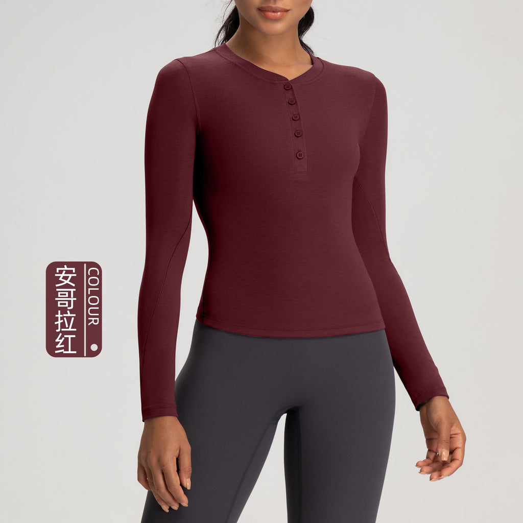 Athena Lulu Button Long Sleeve T-Shirt High Stretch Sports Henley Shirt Top