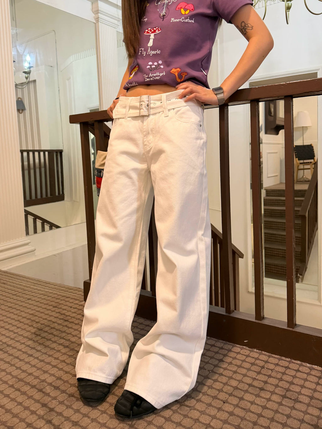 CCYE Medium and Low Waist Straight Versatile Belt Design Jeans