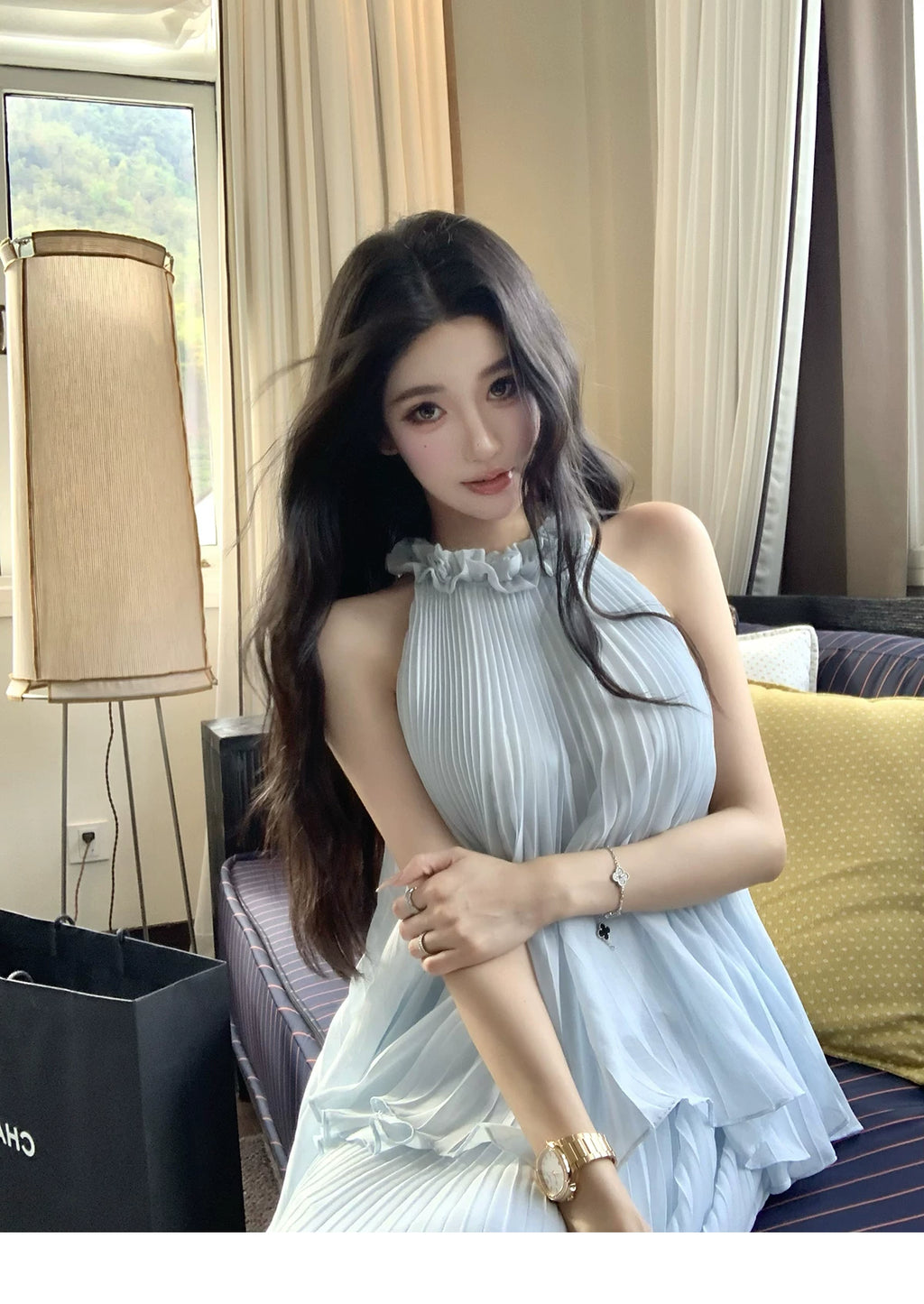 BarbChill Pleated Chiffon Neck Top Long Skirt Set