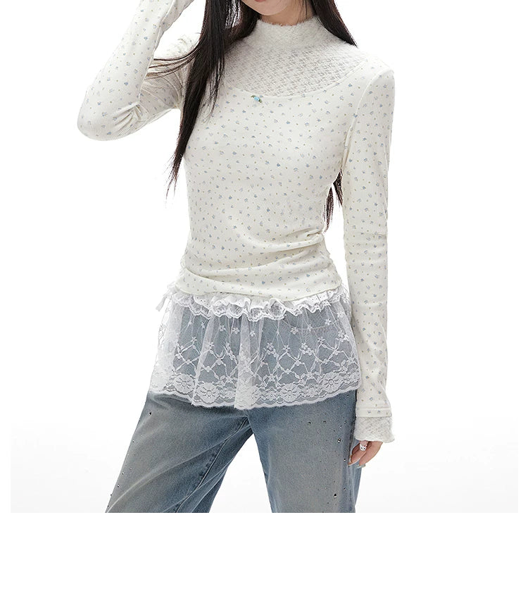 Imone Floral Splicing Hollow Turtleneck Long Sleeve