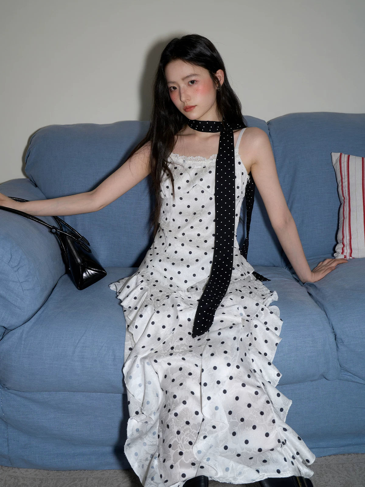 XUJING Polka Dot Ruffle Edge Waist Suspender Dress
