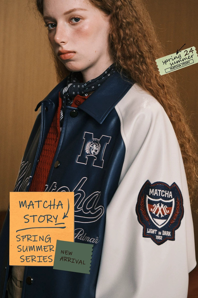 MATCHA STORY Contrast Color Splicing Retro Embroidered Lapel Leather Jacket