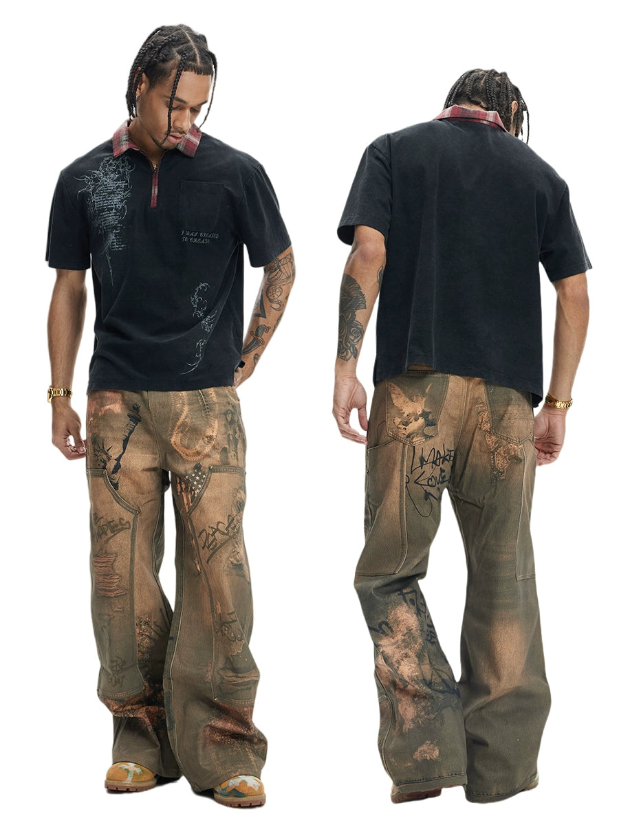 DND4DES Retro Washing Water To Make Old Plaid Lapel Polo Shirt