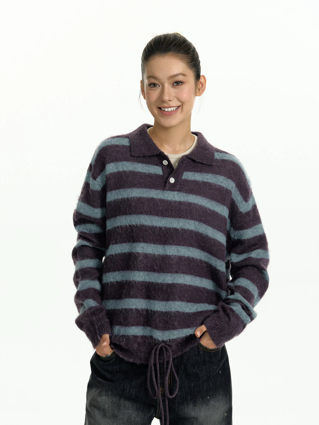 TGNS POLO Neck Drawstring Waist Striped Knitted Sweater