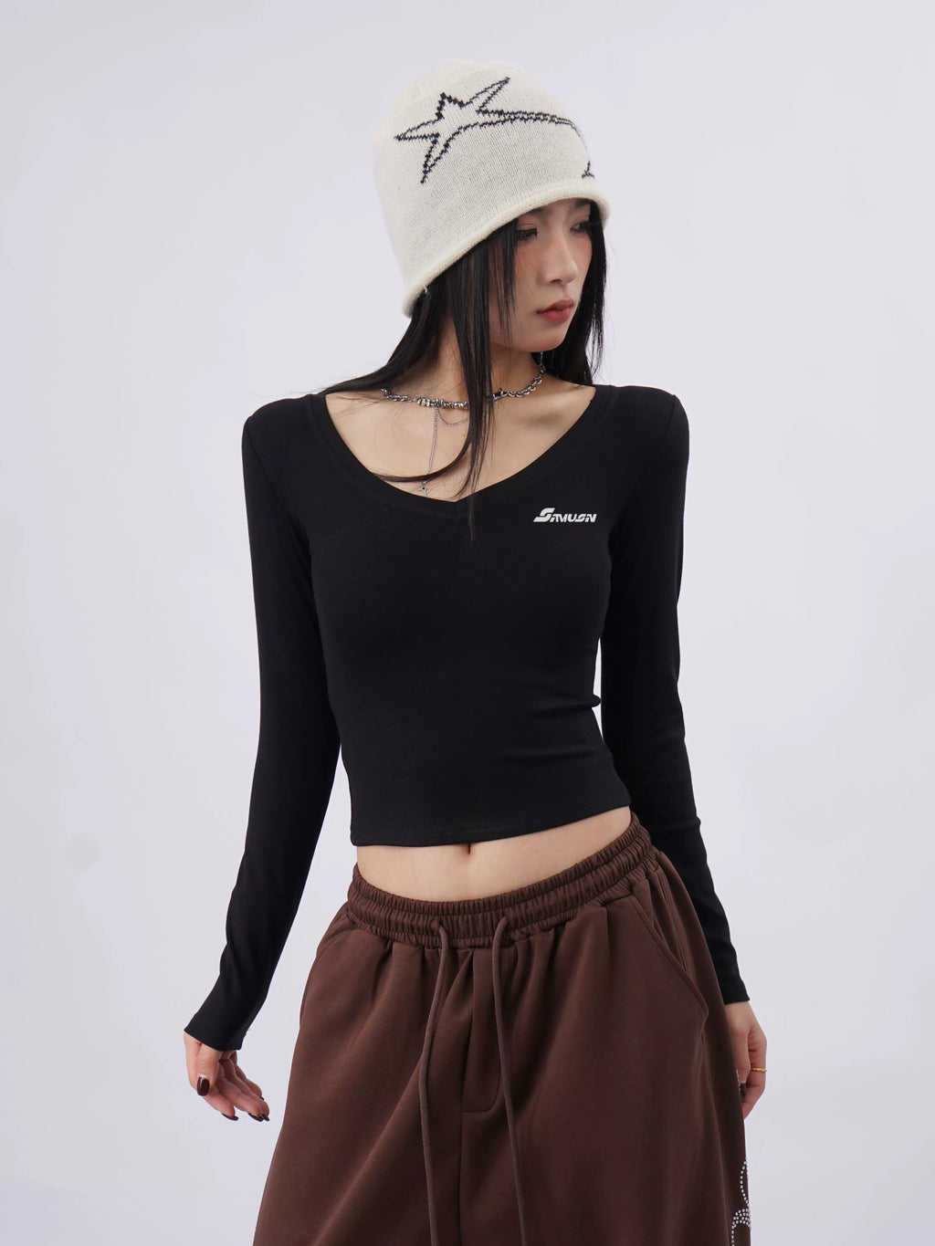 SAMUSAN Hot Diamond Letter V-Neck Slim Short Long Sleeve