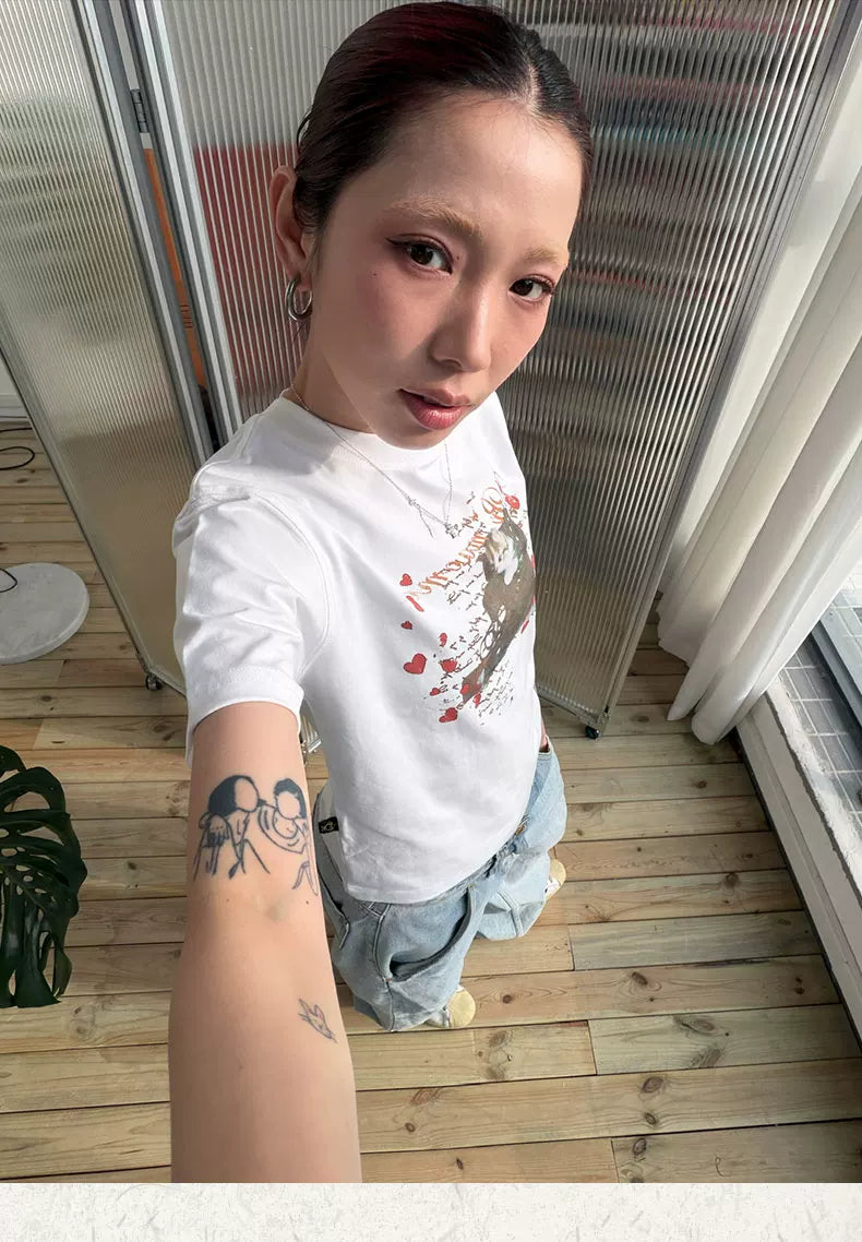 MMBBT Cartoon Kitten Print Front Shoulder Tee