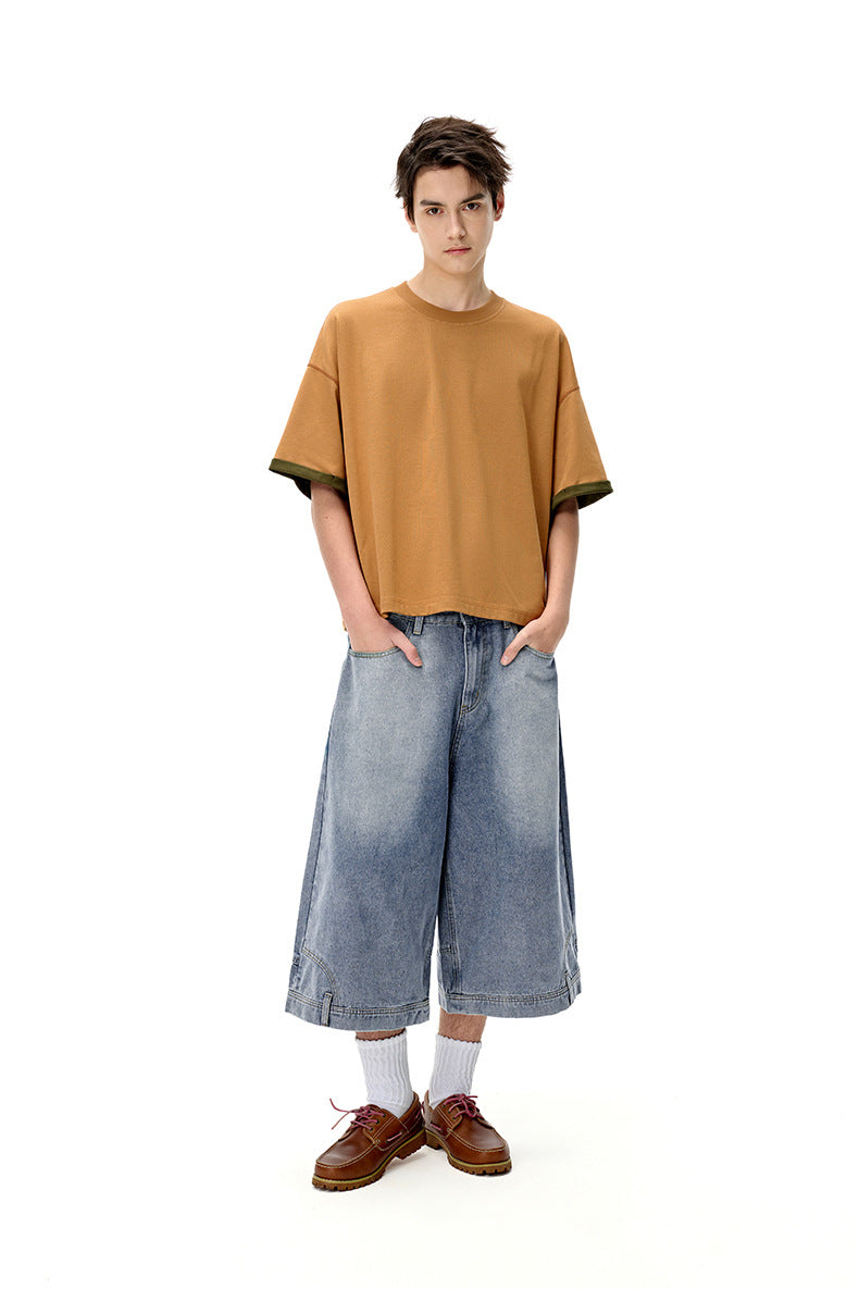 INF Anti-structure washing seven-point denim shorts