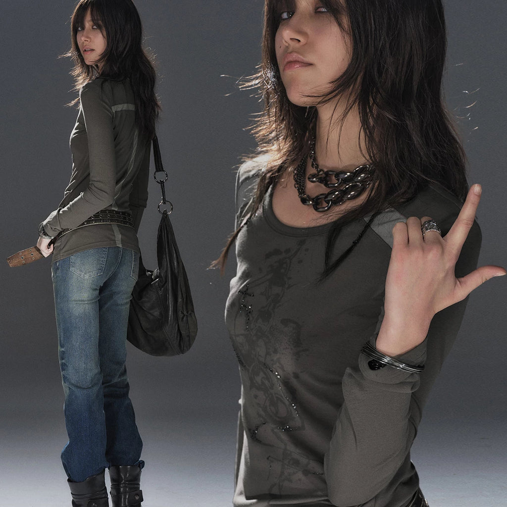 WearAndtear Mesh Stitching Round Neck Flash Diamond Slim Long Sleeve