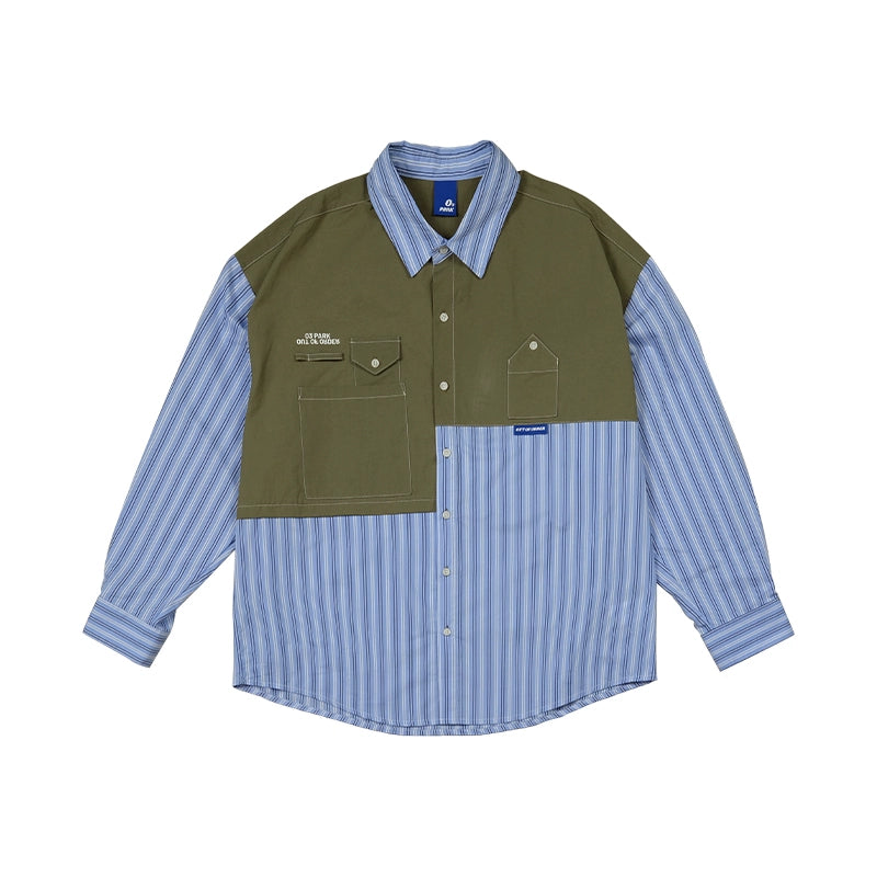O3PARK Japanese Loose Casual Color Contrasting Splicing Striped Shirt