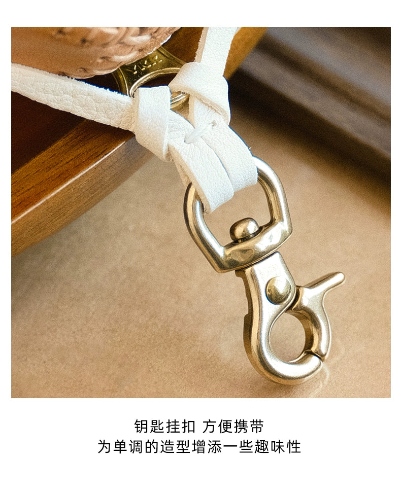 HALF WORK first layer cowhide key bag, genuine leather retro handmade football bag, earphone bag, key bag.