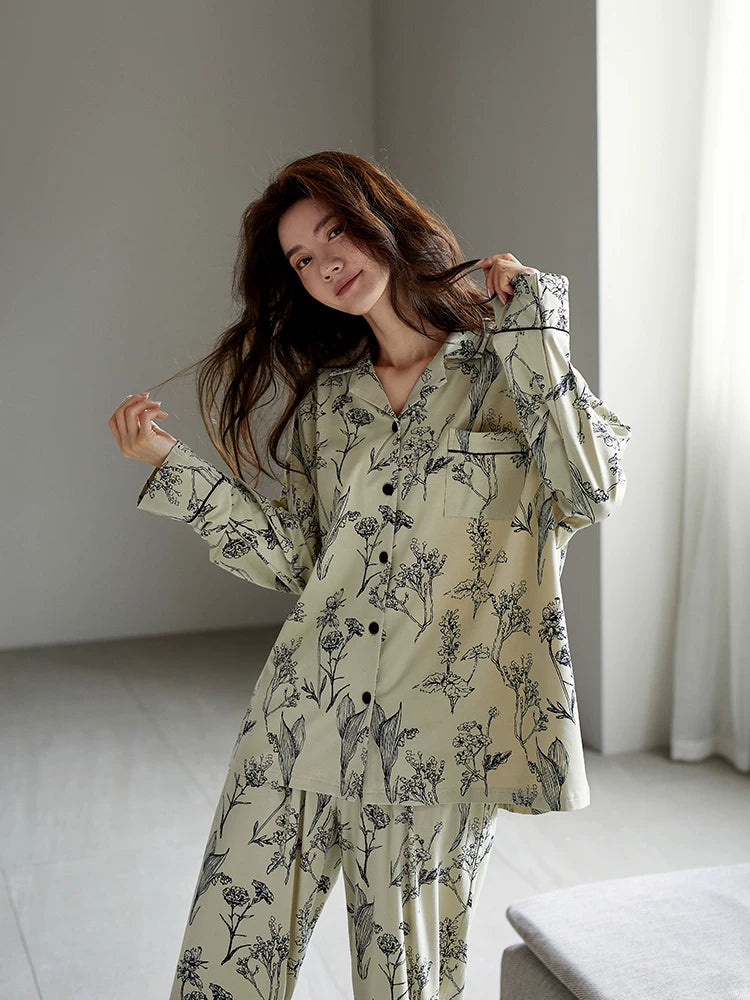 YUENEI Modal Chinese Style Long-sleeved Trousers Pajamas