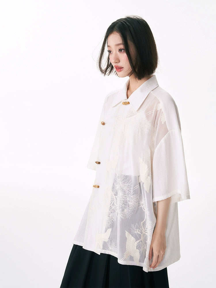 YEDM Crane Embroidered Spliced Bamboo Button Shirt