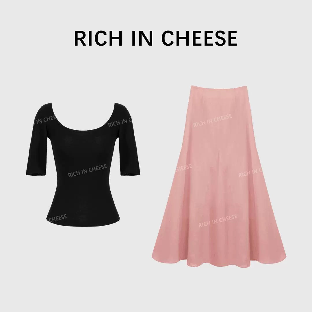 RICH IN CHEESE Slim-fit U-neck Minimalist Skirt Set