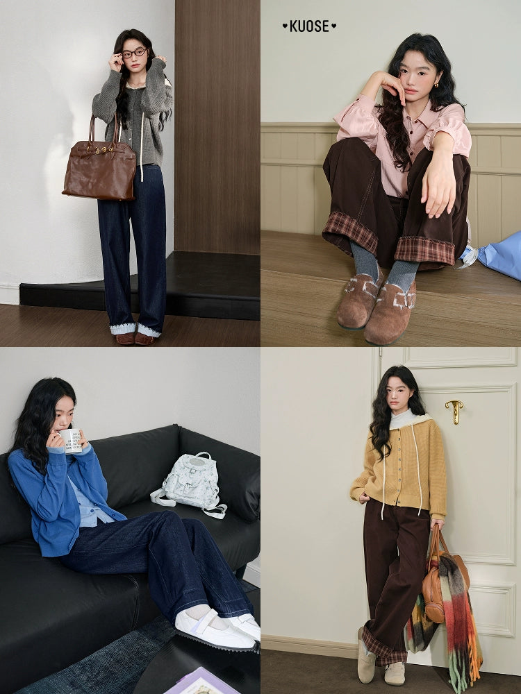 Kuose Striped Lace Casual Straight Jeans