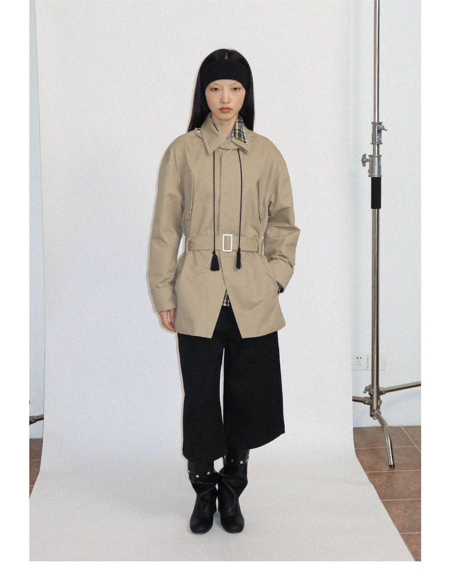 FUNKYFUN Medium and Long Khaki Lapel Jacket