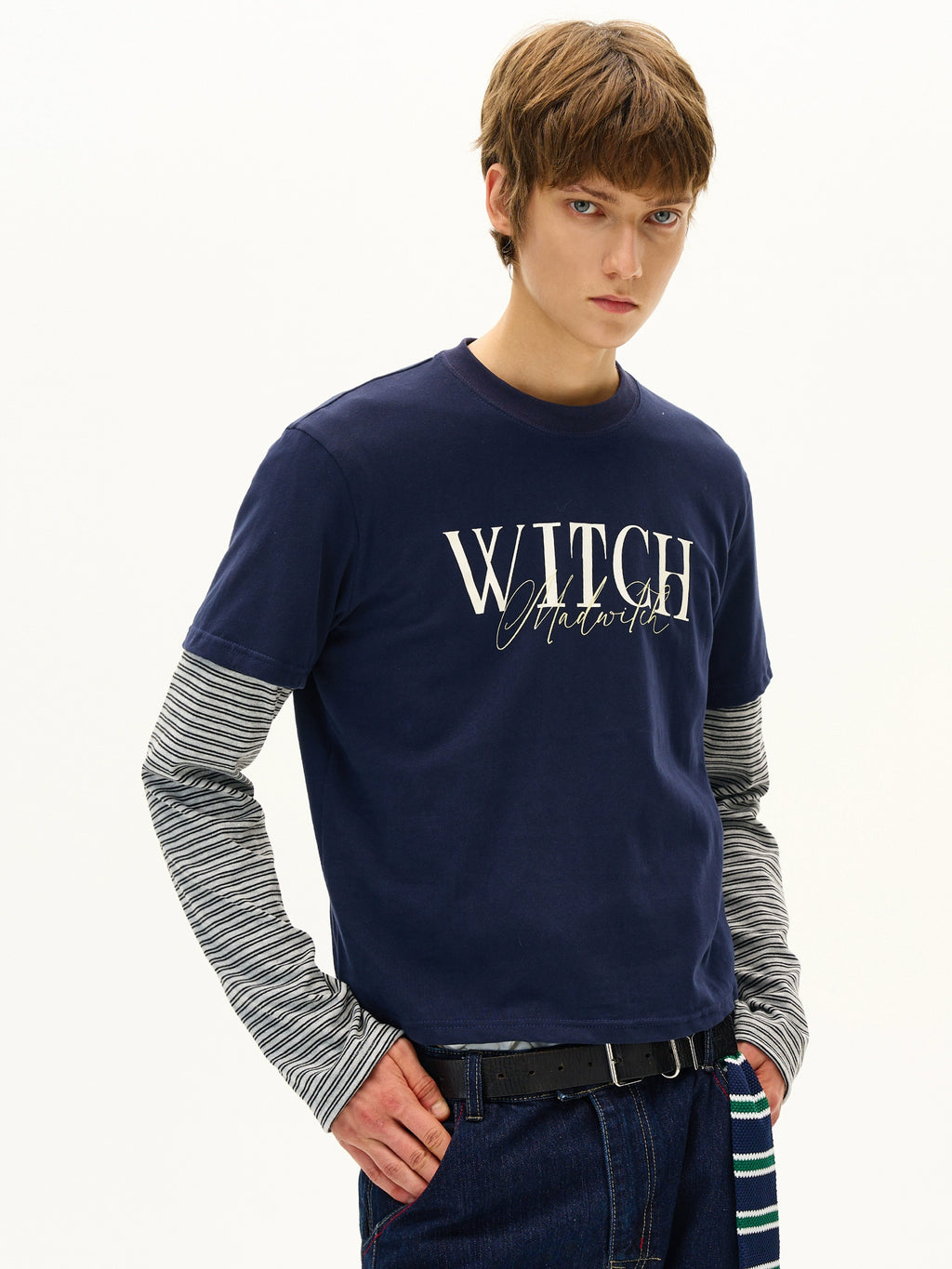 MADWITCH Striped Fake Two Piece Print Long Sleeve