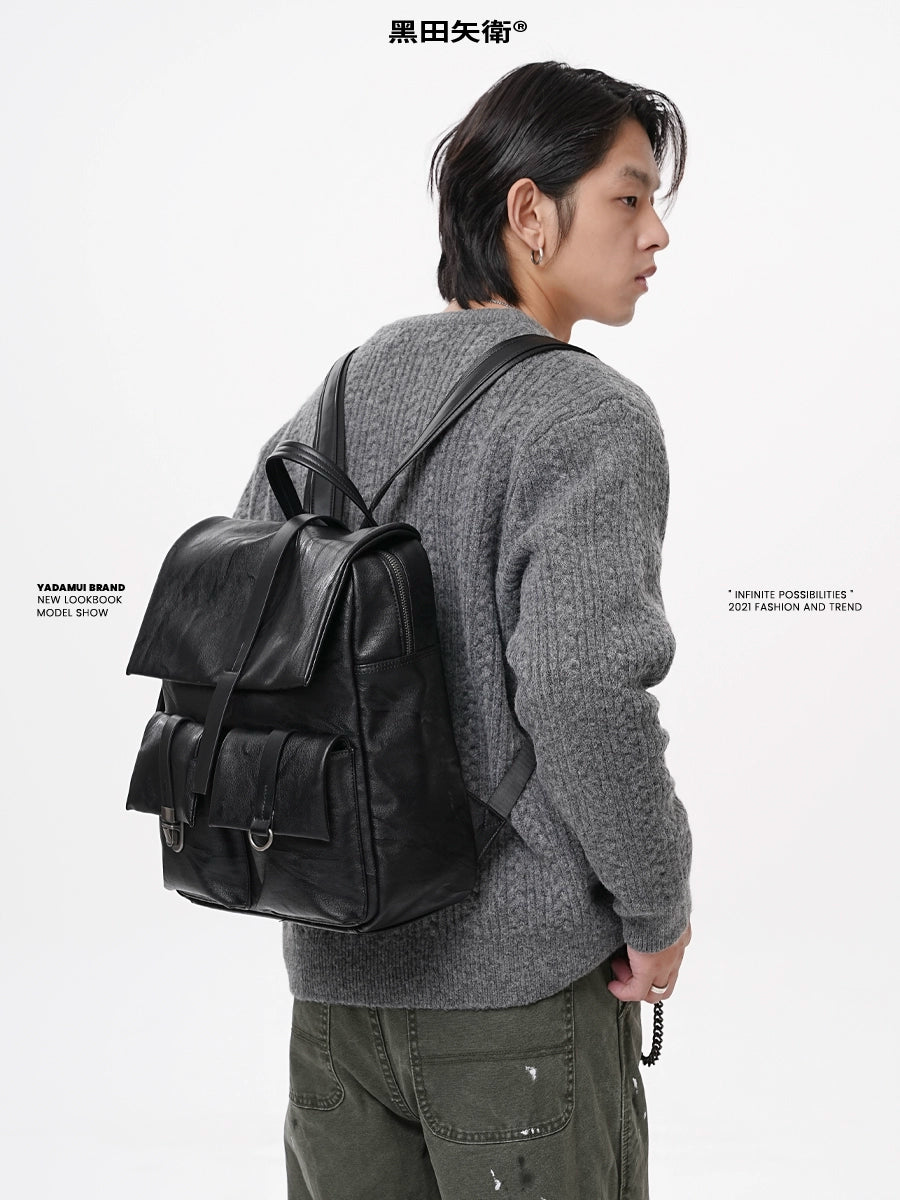 YADAMUI Vintage Pleated Backpack Commuter Leather High-end Large-capacity Schoolbag