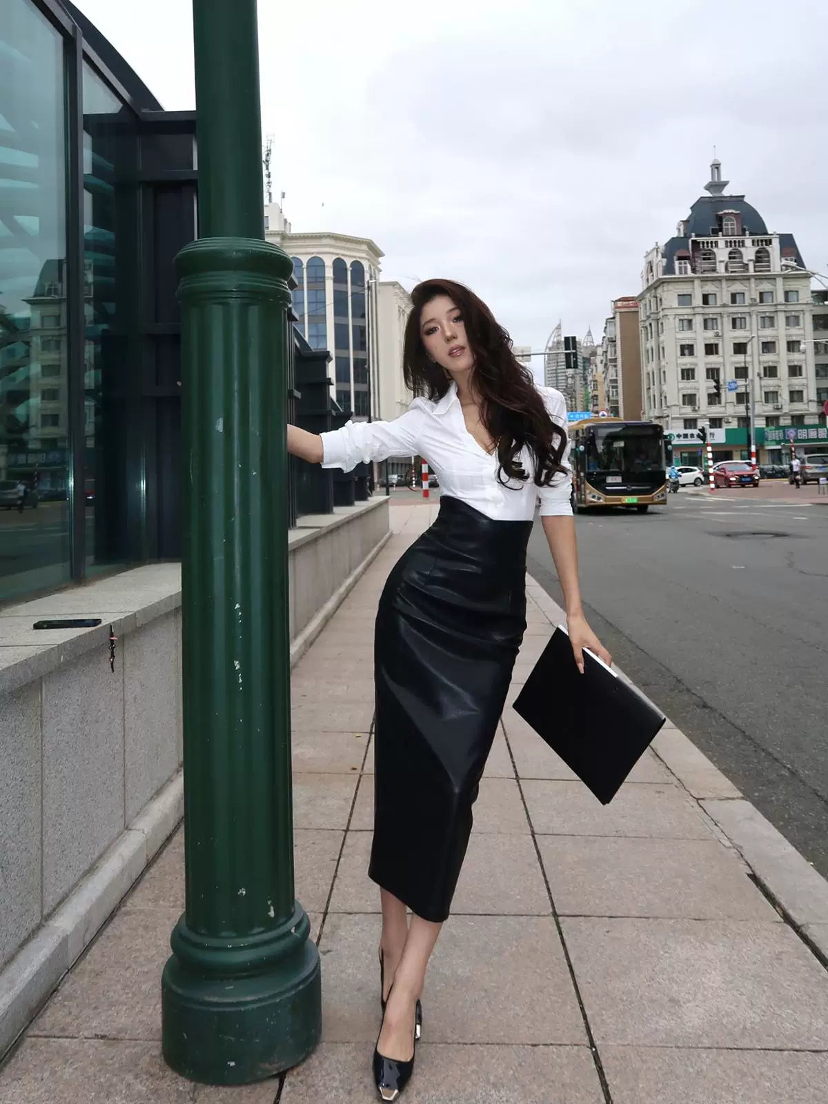 LLROGE Long-sleeved Shirt Leather Skirt Set