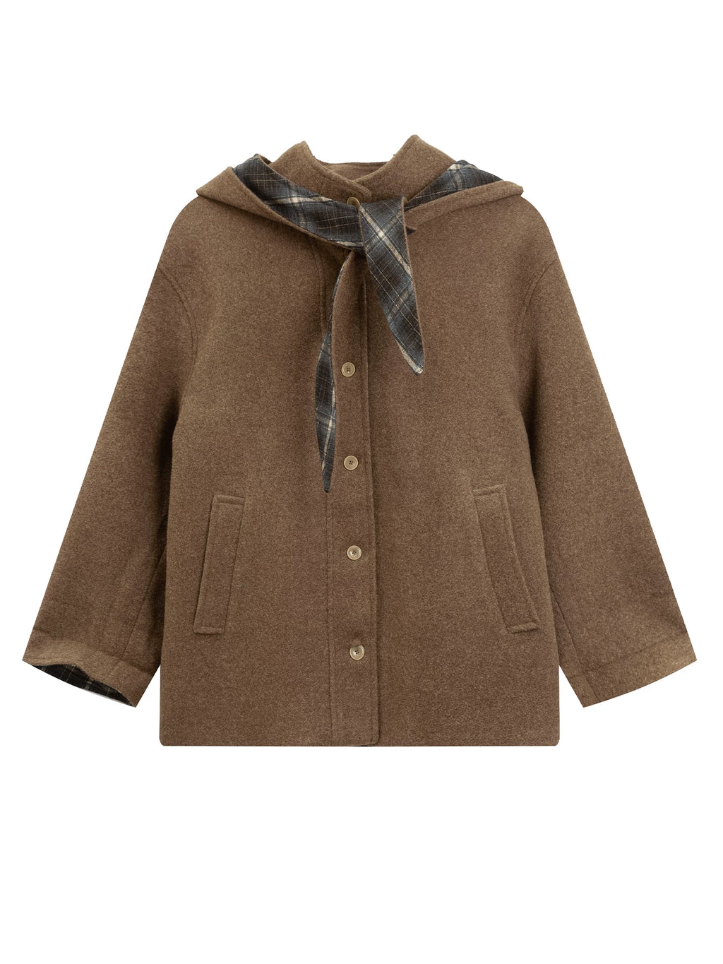 LOVEHEYNEW Vintage Plaid Hooded Removable Woolen Jacket