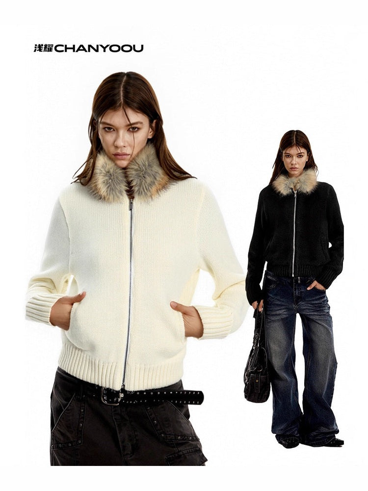 CHANYOOU Vintage Fur Neck Knitted Sweater Jacket