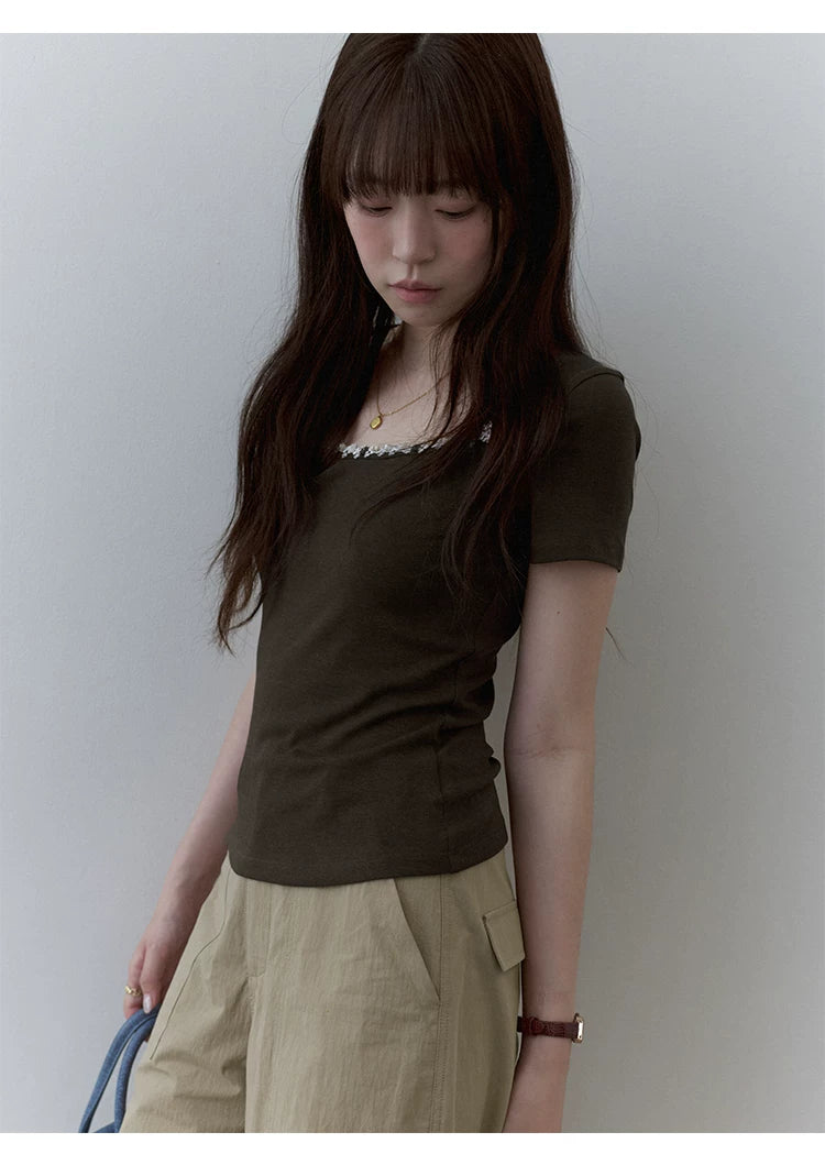 VOOE Square Neck Pearl Lace Tee