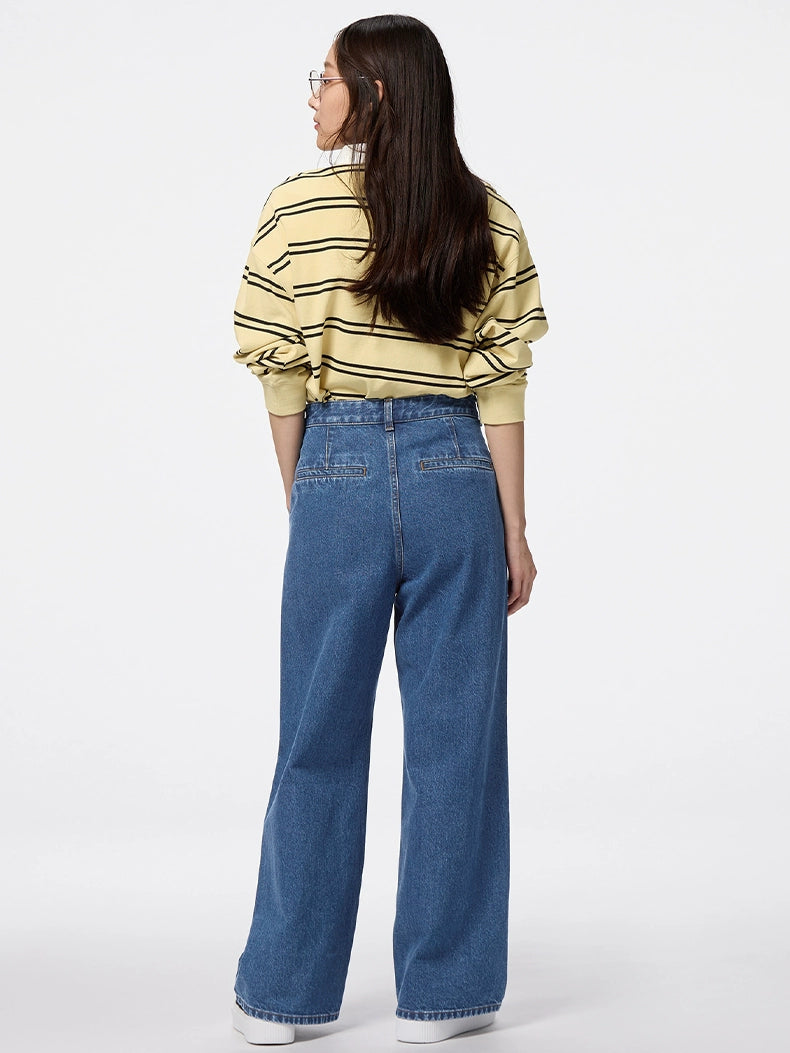 GU Denim Pleated High-waisted Loose Trousers