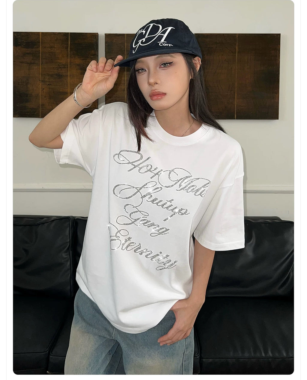 404MOB Alphabet Hot Diamond Loose Casual Tee