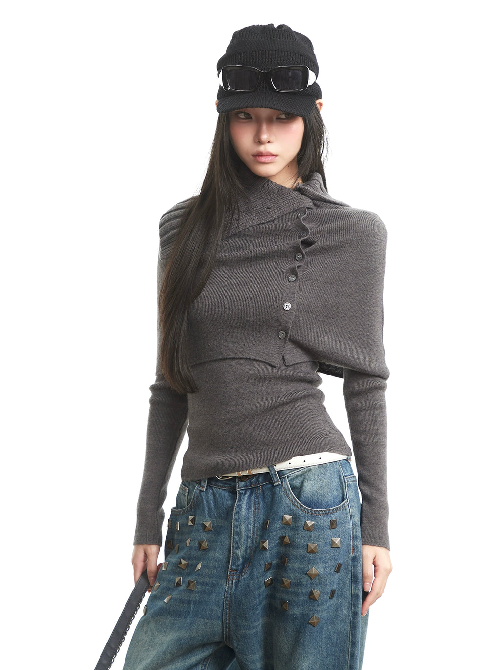 UNCMHISEX Turtleneck Long-sleeved Knitted Cardigan