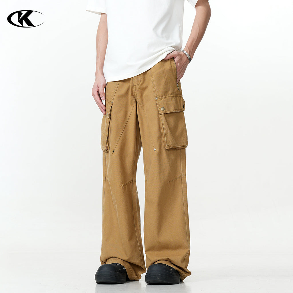 11KN  khaki multi-pocket straight pants