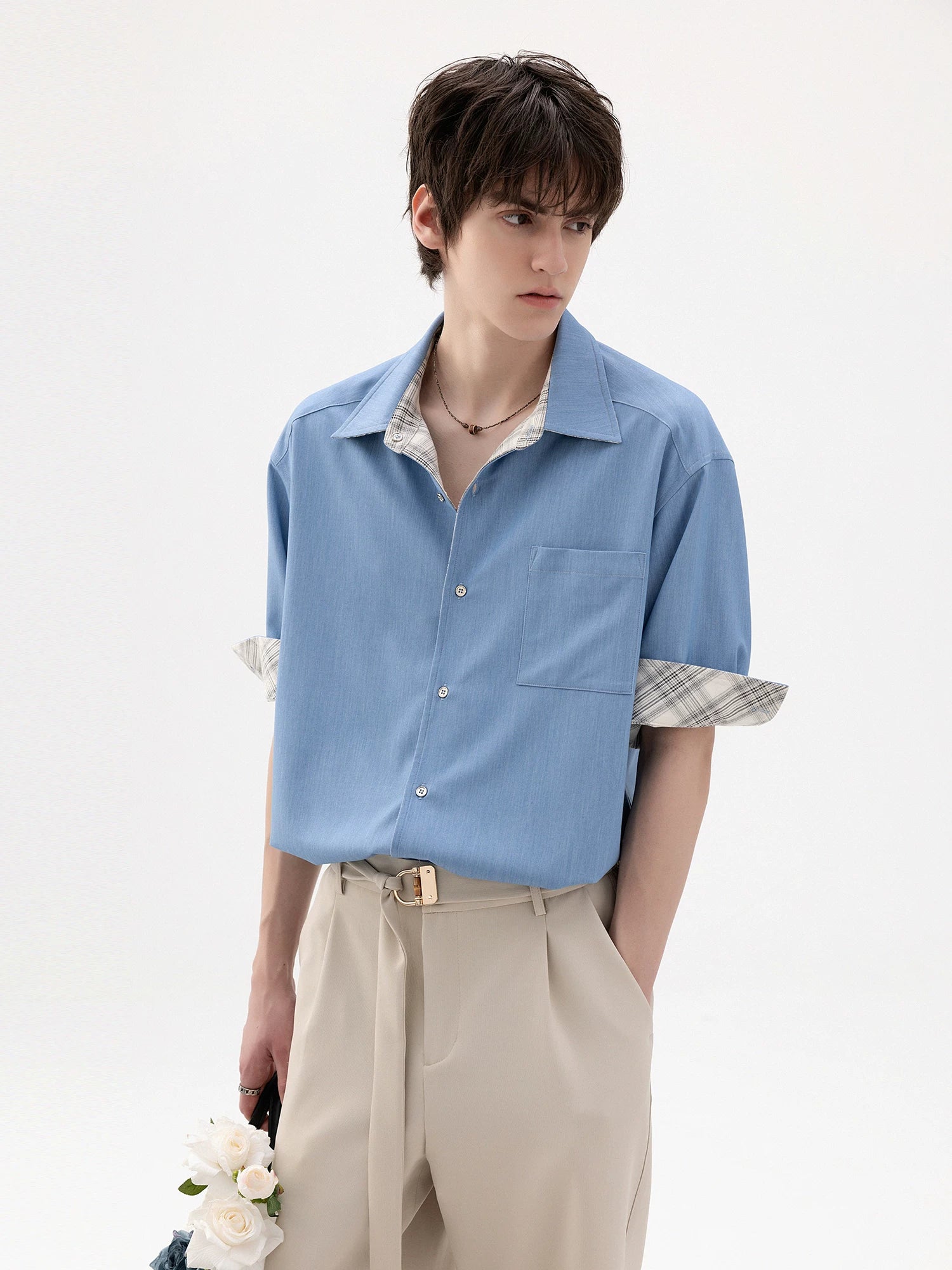 CHOR Ice Silk Denim Splicing Checked Roll Sleeve Shirt