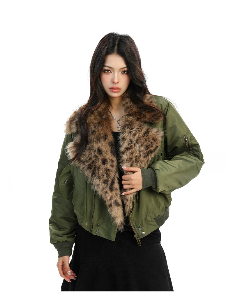 Kenvibe Leopard Print Fur Collar Thickened Loose Short Coat