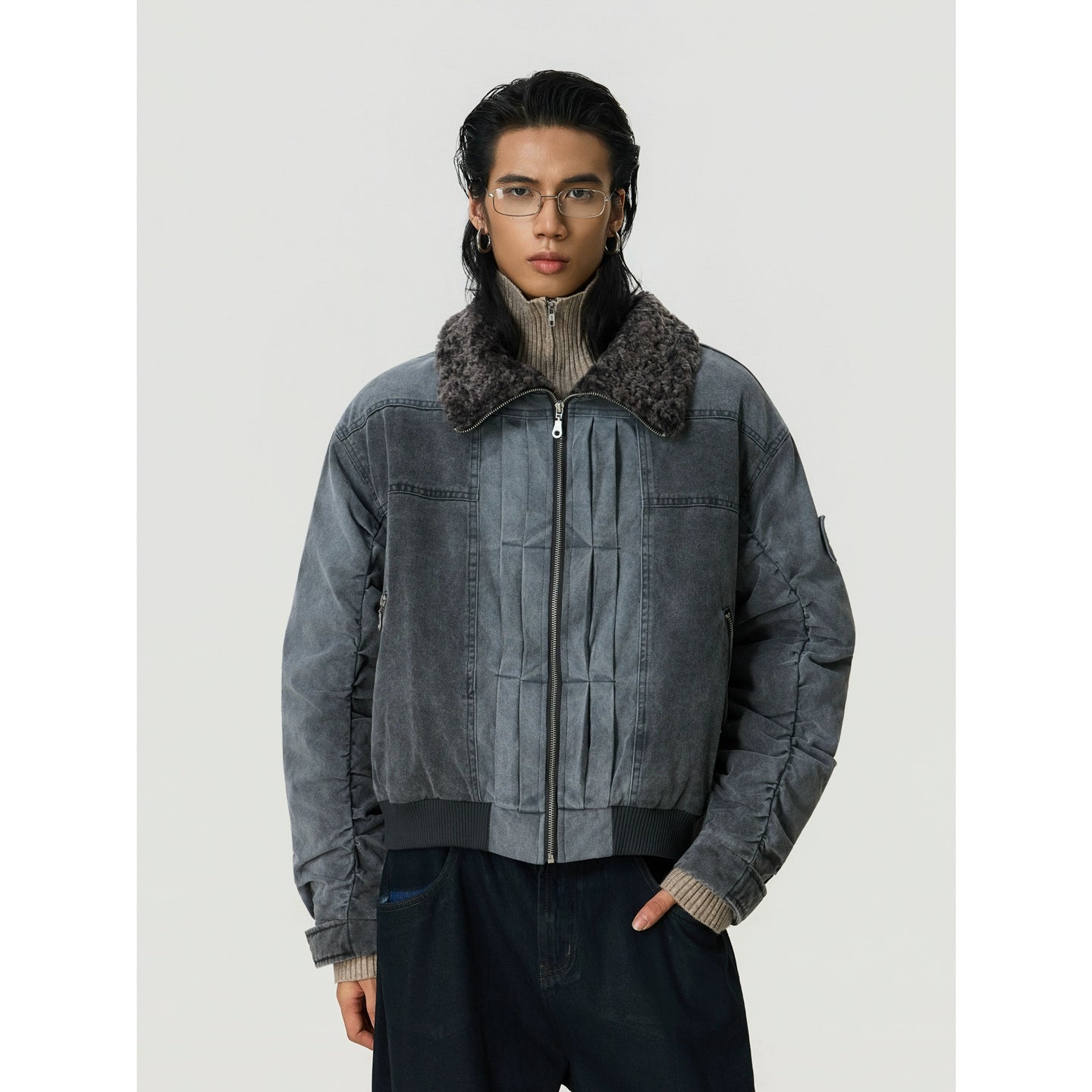 BTSG Lamb Wool Make Old Stand-up Collar Tooling Jacket