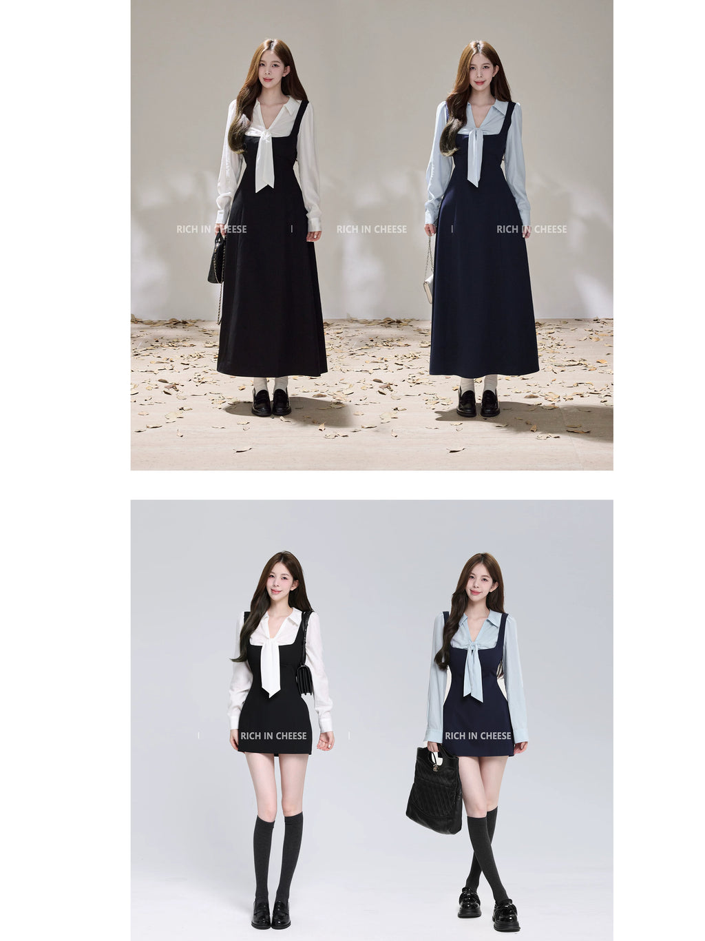 RICH IN CHEESE ACADEMY COLOR CONTRACT Splicing Bow Waist Dress