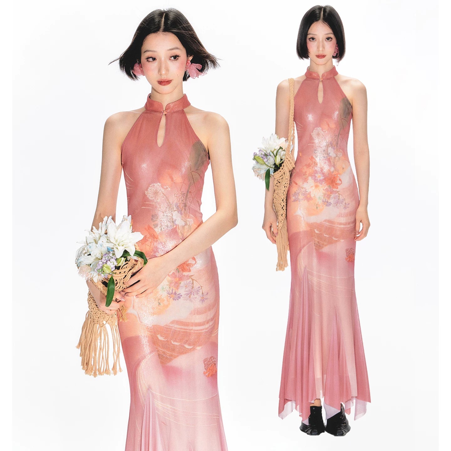 YEDM Stand-up Neck Cheongsam Floral Fishtail Dress