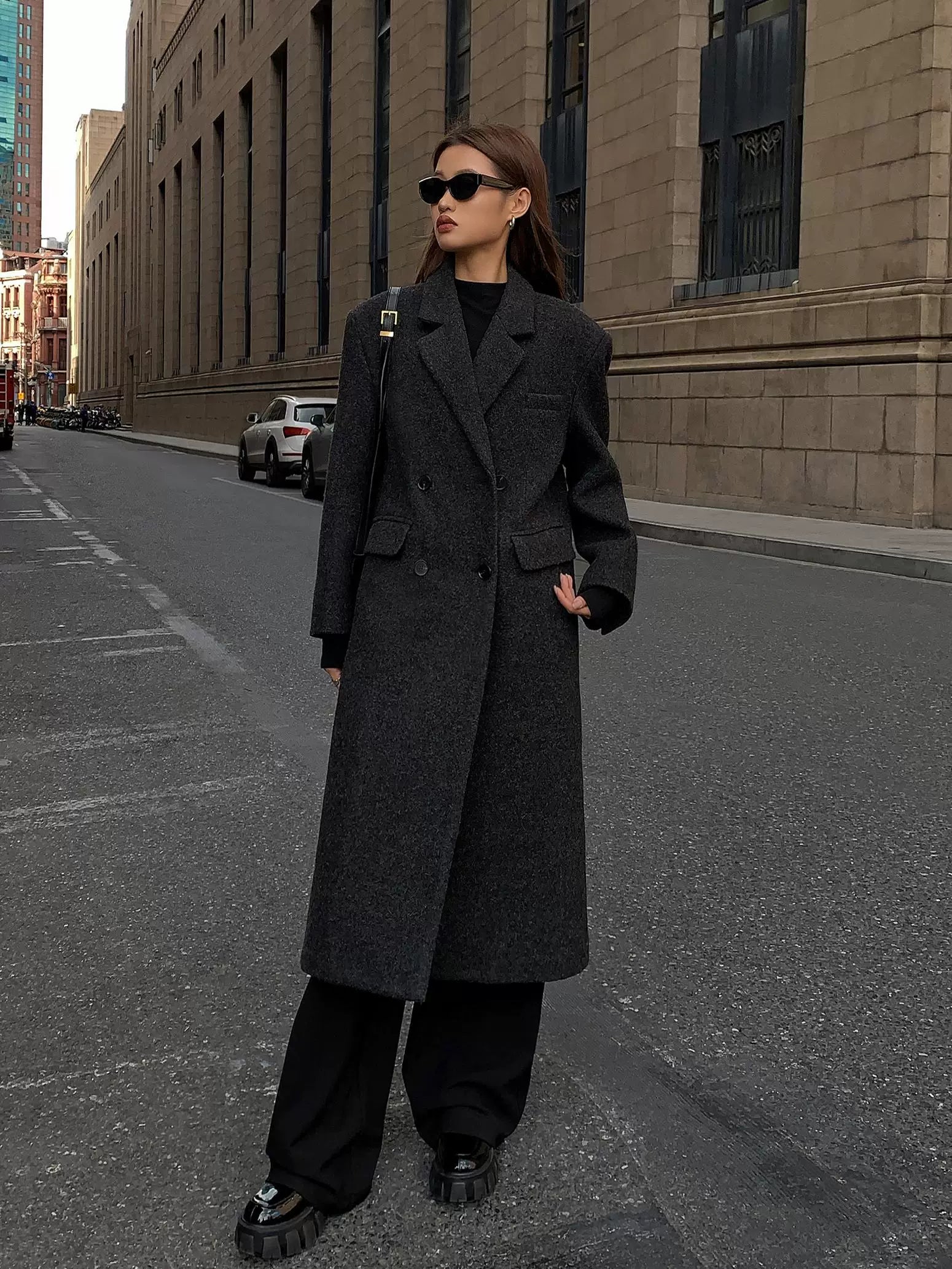OUSPH Double-breasted Wool Woolen Coat