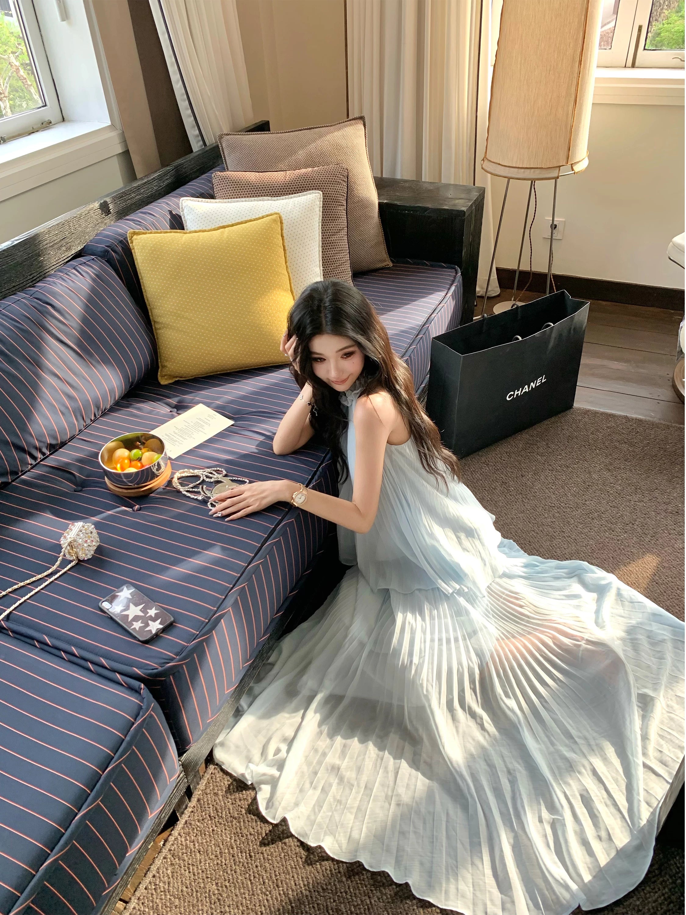 BarbChill Pleated Chiffon Neck Top Long Skirt Set