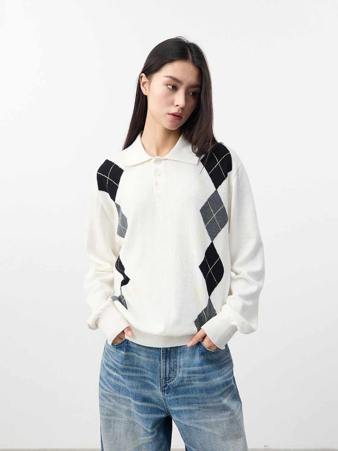 Set for life Jacquard contrasting knitted Polo soft sweater