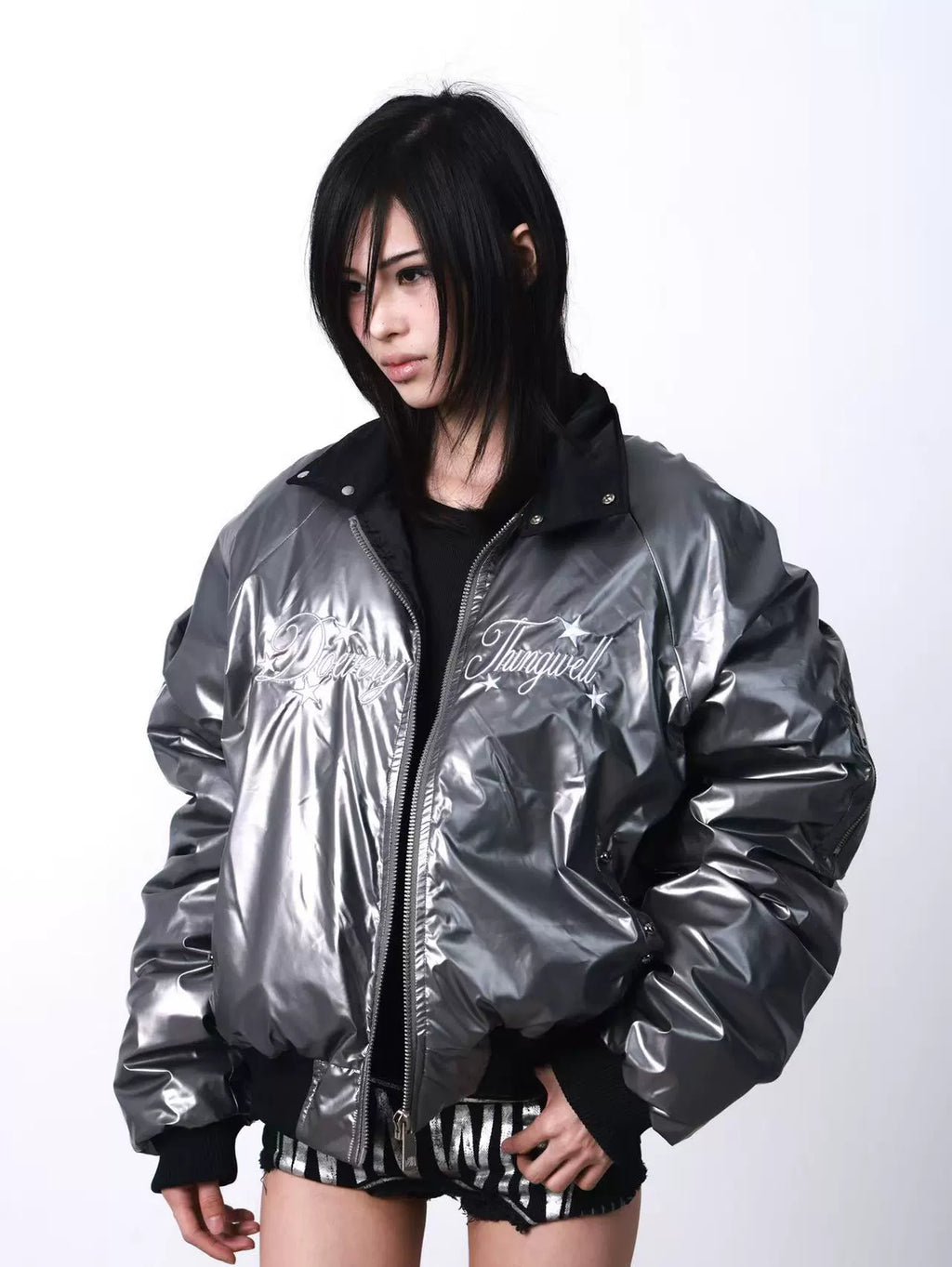 DETW Pleated Short Stand-up Collar Rivet Embroidered Down Cotton Suit