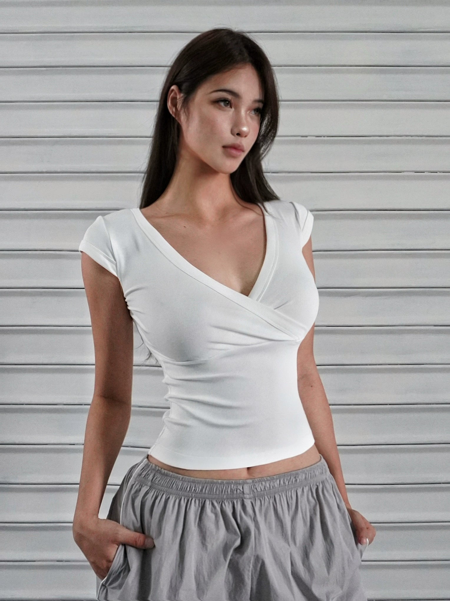 Jim Kennet Low Chest Cross V-Neck Slim Fit Stretch Tee