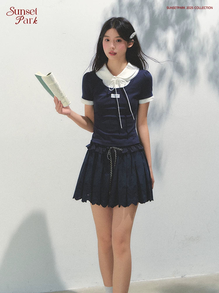 SunsetPark Doll Collar Stitching Knitted Tee